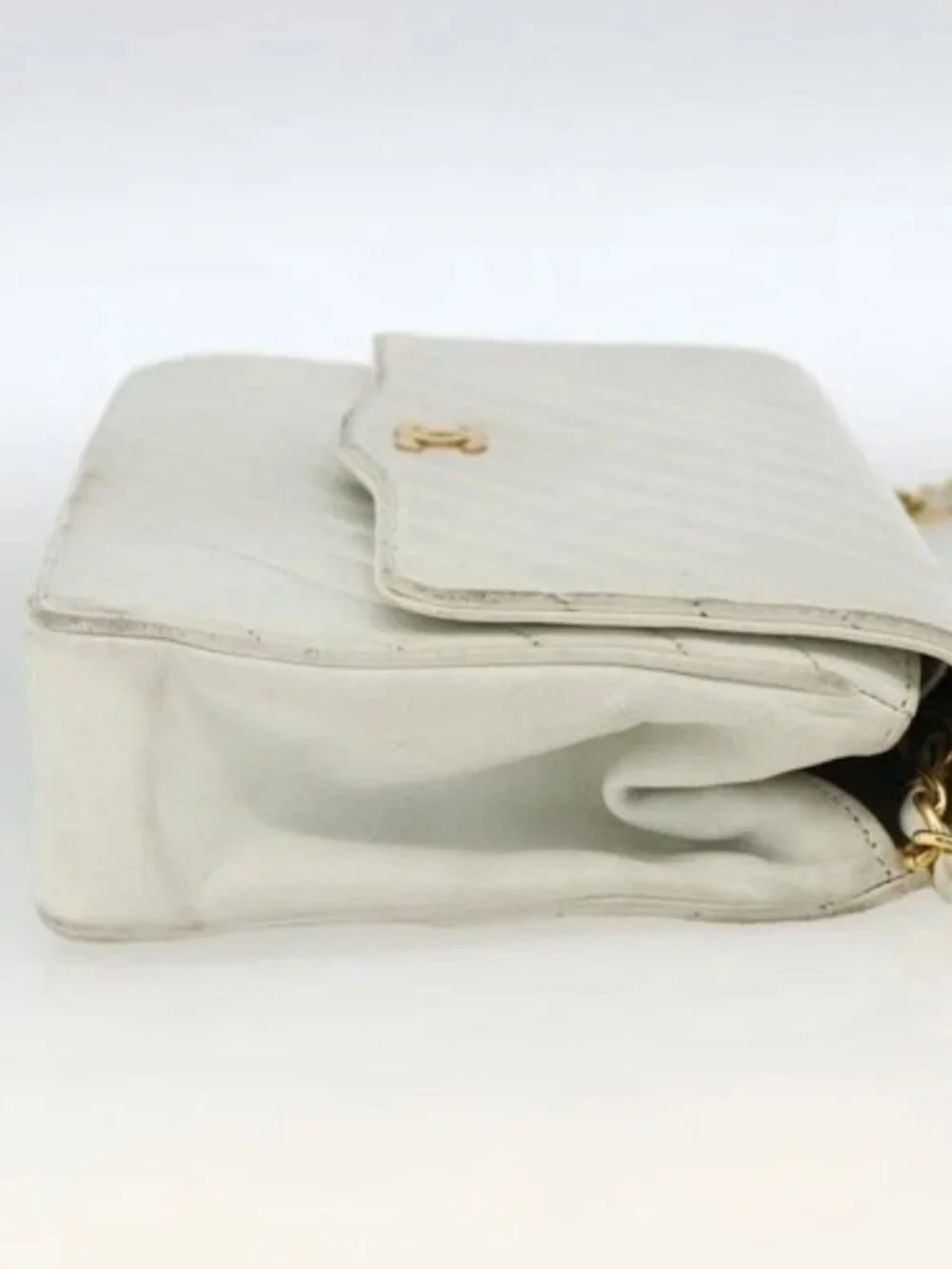 CHANEL Matelasse Chain Shoulder Bag Lamb Skin White Gold CC Auth BA11362A